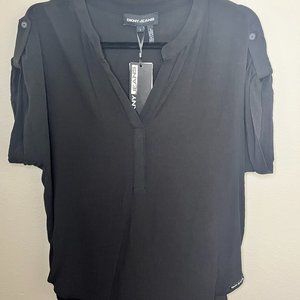 NWT DKNY Solid Roll-Tab Sleeves V-Neck Top